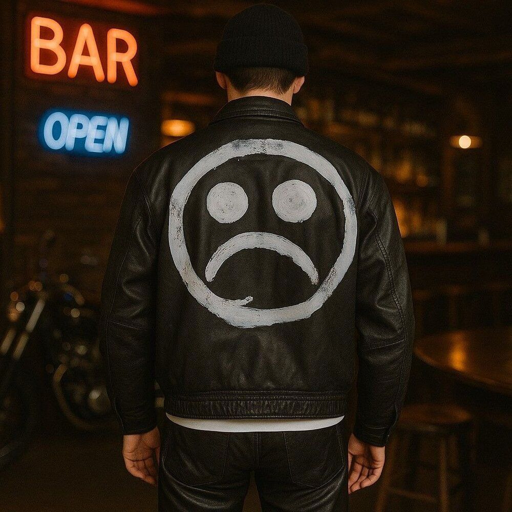Rentini VTG Leather Grunge Punk Bomber Jacket "Sad Face" Men's L Black / White - Picture 3 of 10